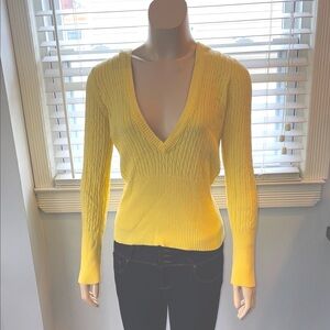 Yellow V-Neck Cable Knit Hooded Sweater